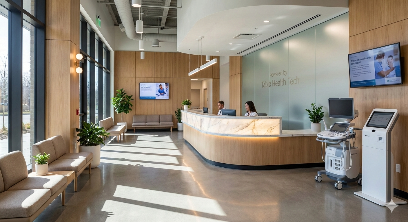 Modern healthcare reception area representing Tabib Health Tech's clinic technology services